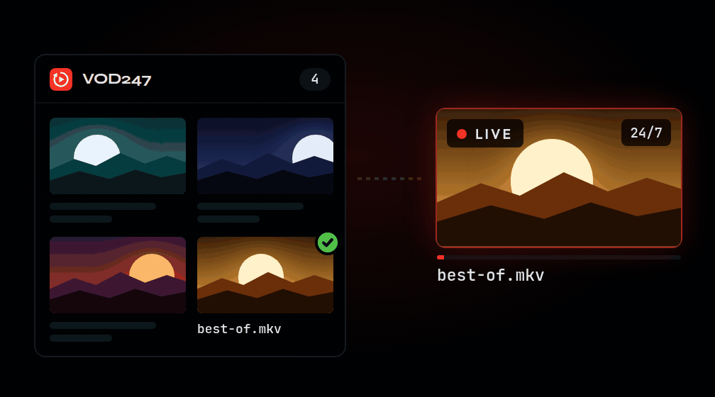 The file best-of.mkv is dropped into your catalogue, uploads, then goes live on your 24/7 channel.