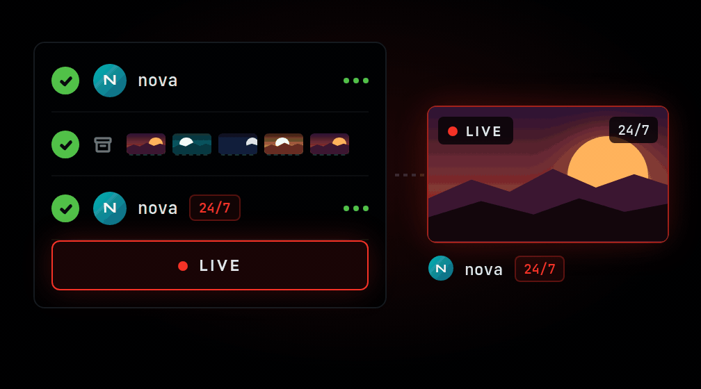 Your main channel connects, your VODs get archived, your 24/7 channel connects, then one click takes it live.